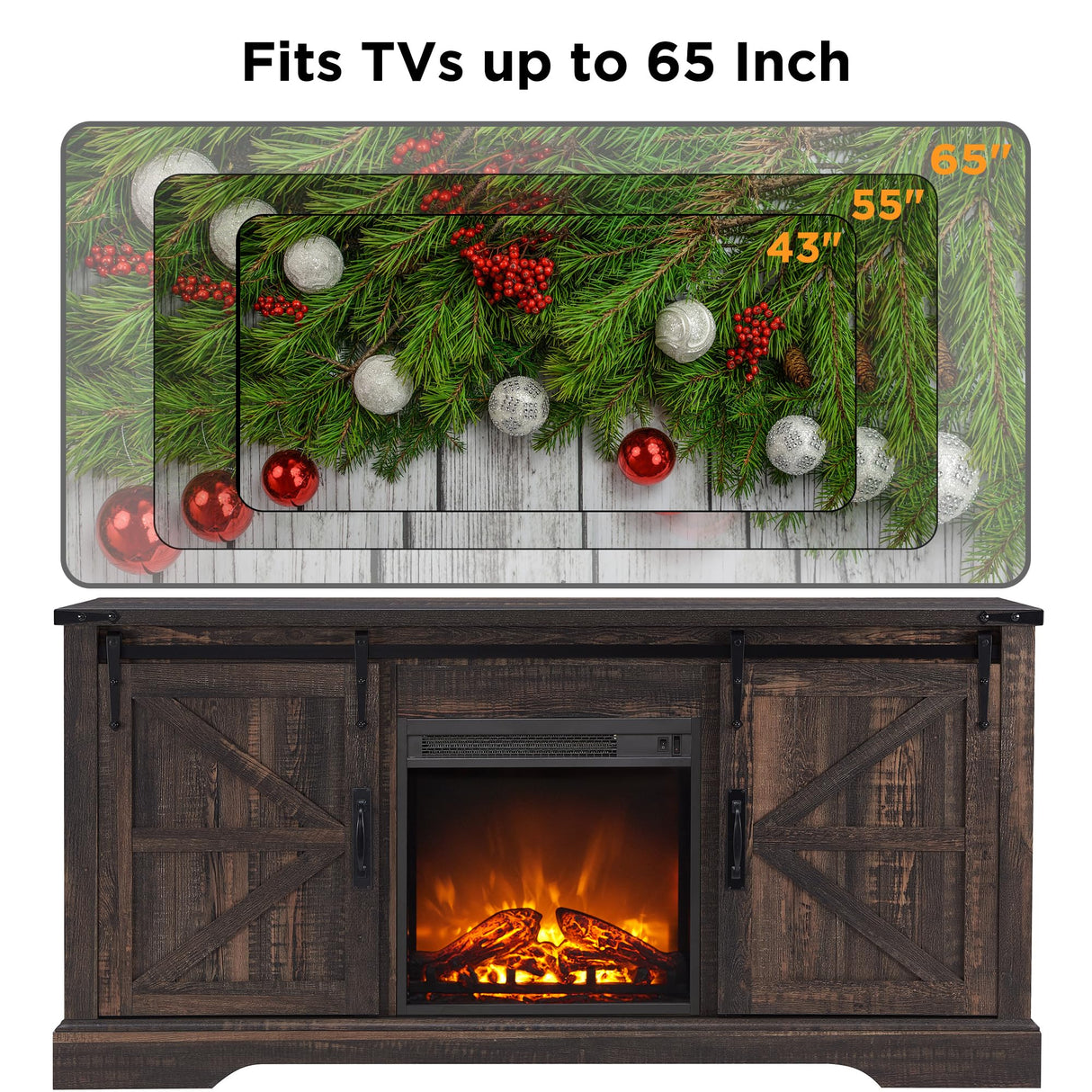 OKD Farmhouse Electric TV Stand for 65+ Inch TV, Rustic Entertainment Center with 18" Fireplace, Sliding Barn Door, Storage Shelves, Wood Media Console Cabinet for Living Room, Dark Rustic Oak OKD