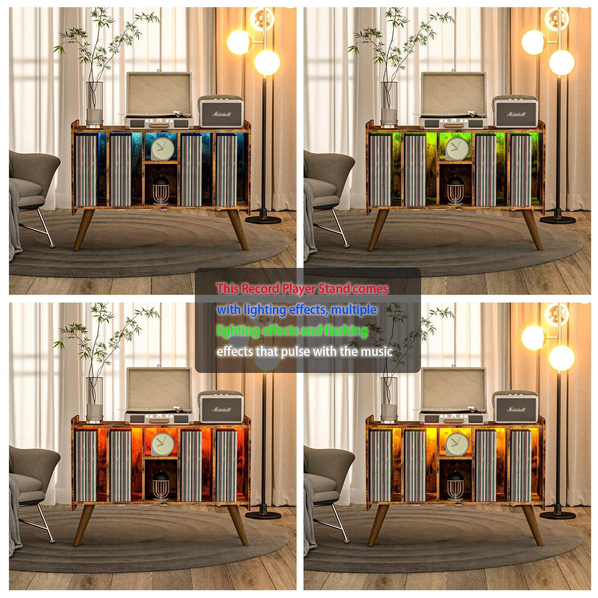 FUSUNBAO Record Player Stand with LED Light - Large Turntable Stand with Vinyl Record Storage, Record Player Table Up to 120 Albums, Record Stand with Outlet Bookself end-Table (Antique Brown) FUSUNBAO