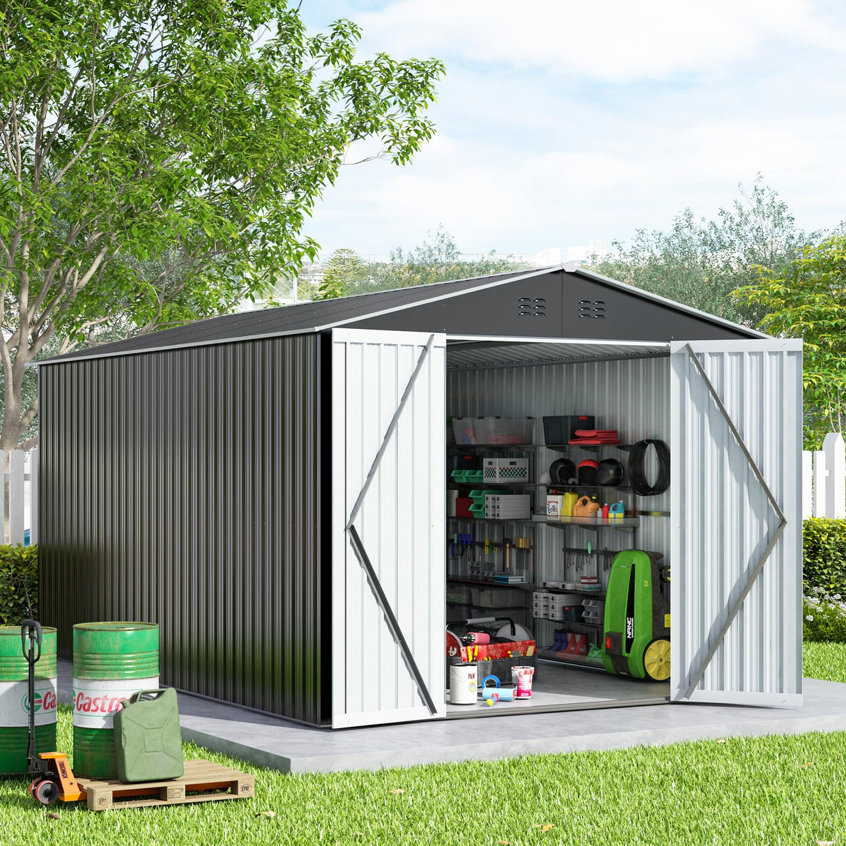 HOGYME 8 x 12 FT Outdoor Storage Shed, Large Metal Tool Sheds with Updated Frame Structure and Lockable Doors, Garden Shed for Backyard Garden Patio Lawn, Grey HOGYME