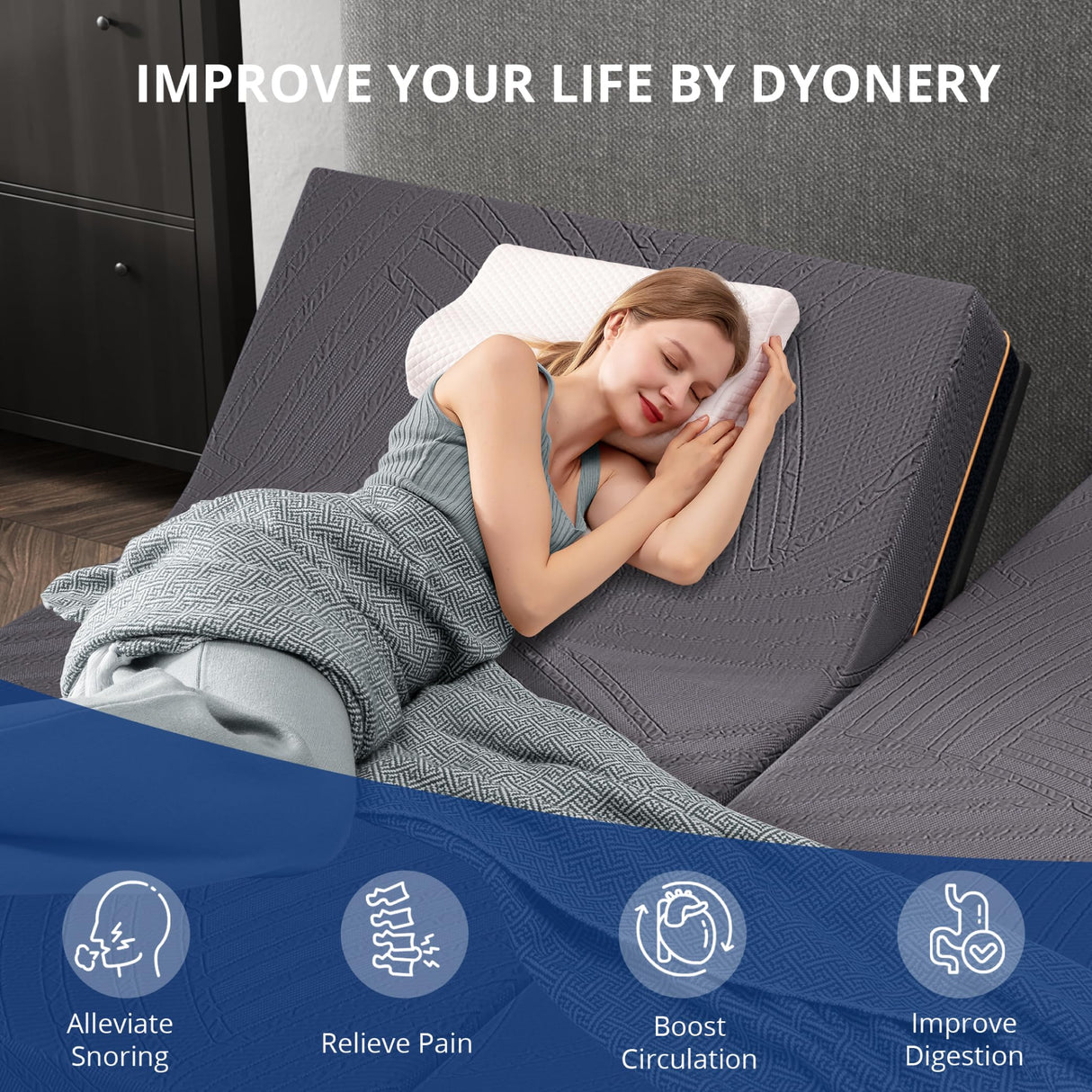 Dyonery Split King Adjustable Bed Base Frame with Wireless Remote + 14 Inch Copper Memory Foam Mattress Bed in a Box, Head and Foot Incline & Massage, Zero Gravity, Fiberglass Free, 80" × 76" Dyonery