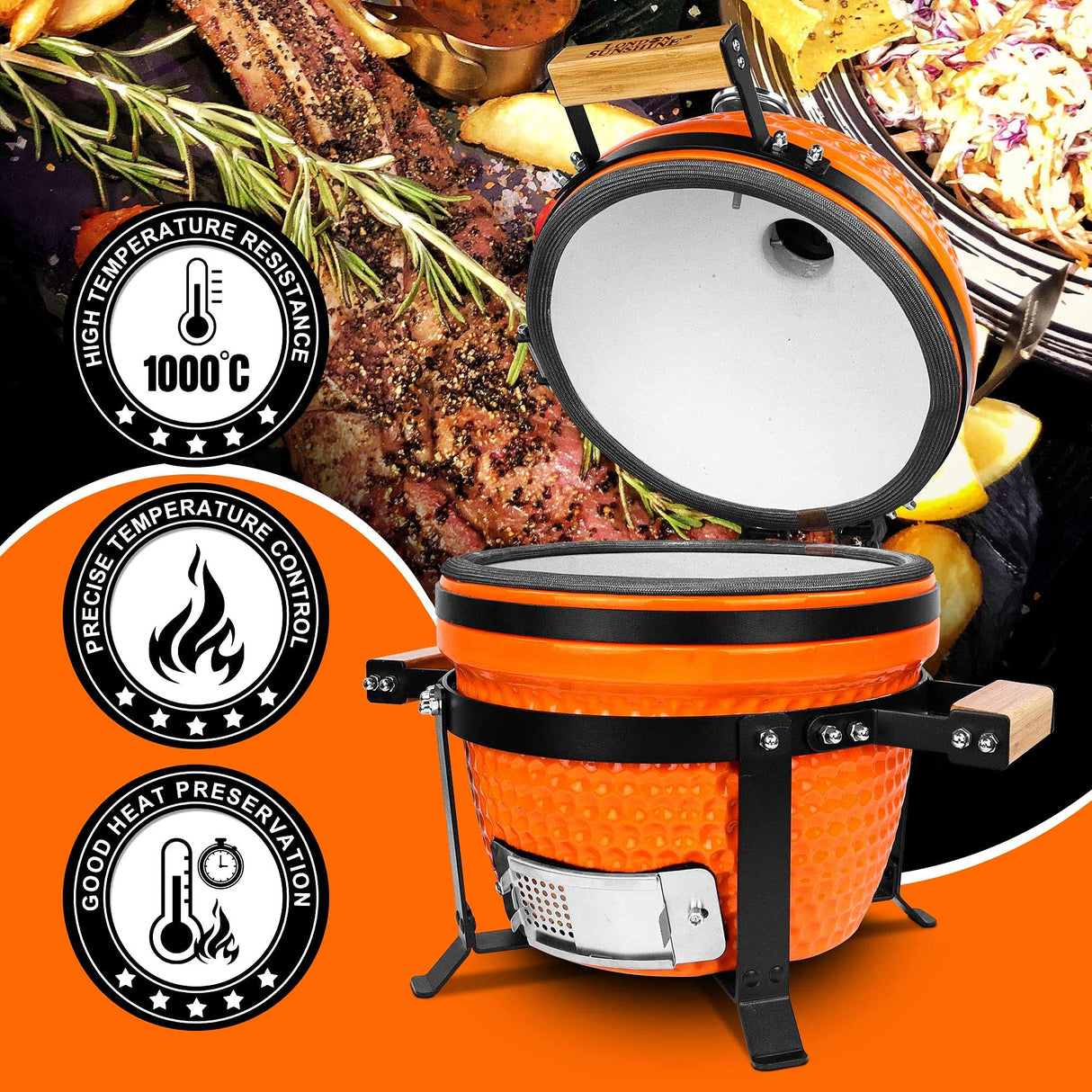 London Sunshine Ceramic Charcoal BBQ Kamado Grill Smoker - Portable Tabletop Cadet Series -Orange London Sunshine