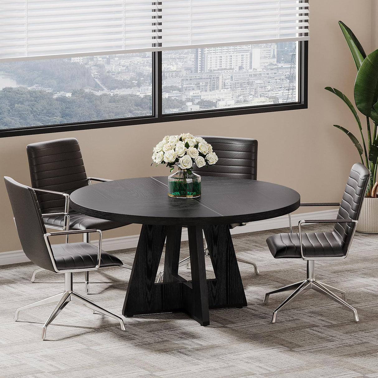 Tribesigns 47-Inch Round Conference Table for 4-6 People, Wooden Meeting Room Table with Thicken Tabletop and Wood Base (Black) Tribesigns