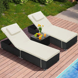 Murago 3 Piece Set, Includes 2 Wicker Chaise Lounge Chairs for Outdoors with Matching Side Table, Idea Oversized Reclining Patio Lounger with Washable Cushions, White Murago