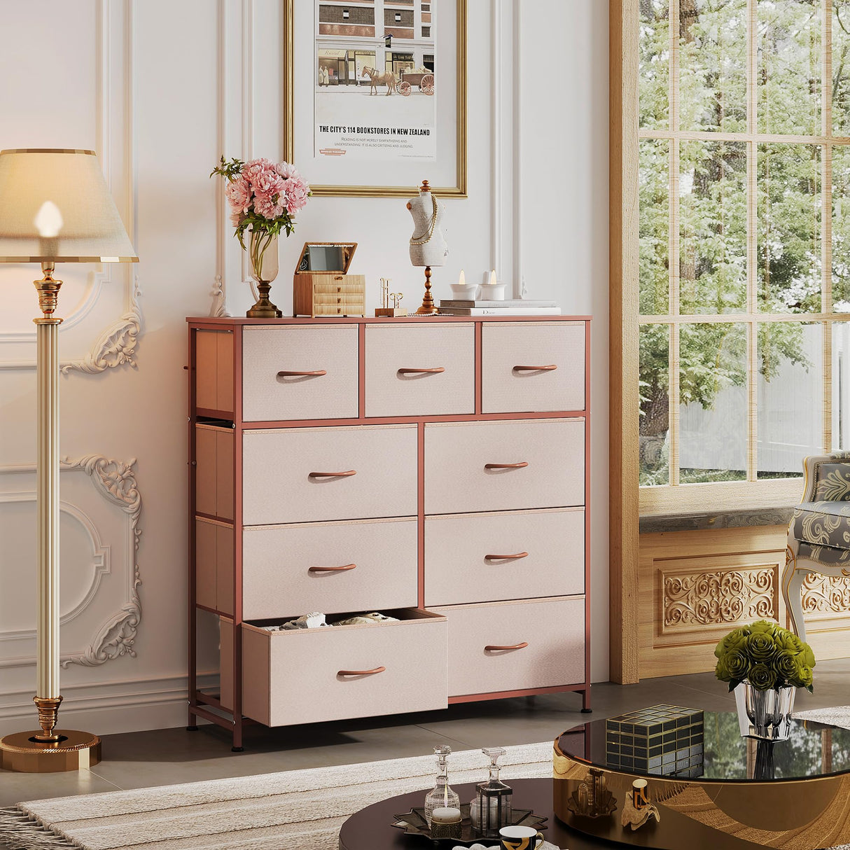 WLIVE 9-Drawer Dresser, Fabric Storage Tower for Bedroom, Hallway, Entryway, Closet, Tall Chest Organizer Unit with Fabric Bins, Steel Frame, Wood Top, Easy Pull Handle, Pink WLIVE