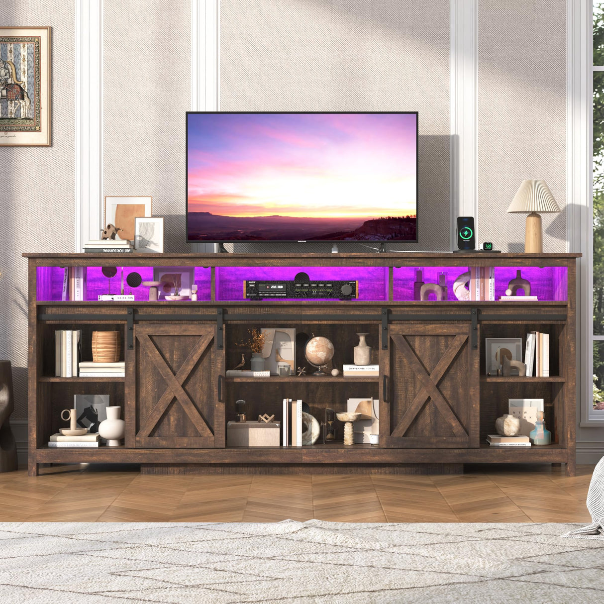 jiteentarou Farmhouse TV Stand for 90/85 Inch TV with Power Outlet, LED Entertainment Center with Storage and Sliding Barn Doors, Wood Media Console for Living Room, Brown jiteentarou
