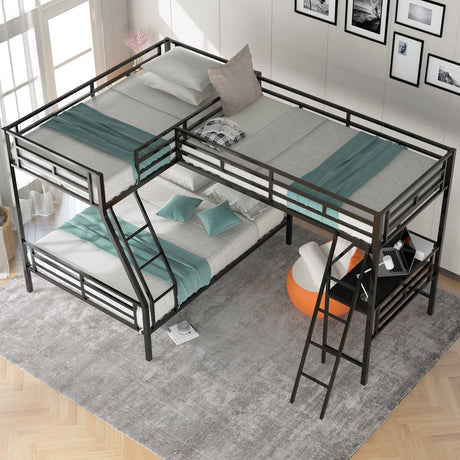 SOFTSEA L-Shaped Metal Bunk Bed with Desk for 3 Kids Twin Over Twin Over Full Triple Bunk Bed with Twin Loft Bed and Ladder, No Box Spring Needed SOFTSEA