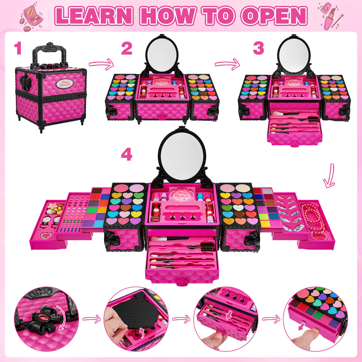 99 Pcs Kids Makeup Kit for Girls, Princess Toys Real Washable Cosmetics Set with Mirror, Hair Ties, Nails, Rings, Earrings, Necklace, Perfect for 3 4 5 6 7 8 Year Old Girls Birthday Kuovei