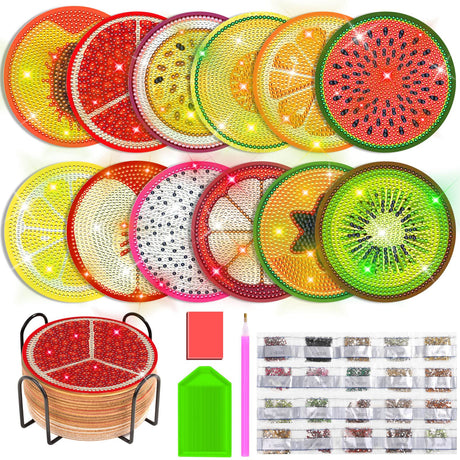 Billbotk 12 Pieces Diamond Art Painting Coasters Kit with Holder, Diamond Art Coasters, DIY Diamond Crafts Projects, Diamond Dot Kits for Adults and Beginners(Fruit Style) Billbotk
