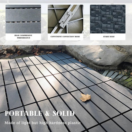 44 Pack Interlocking Deck Tiles, 12"x12"x0.8" Plastic Patio Flooring Outdoor Waterproof, All Weather Use for Balcony Porch Backyard Poolside（Dark Grey,Stripe） Xinghanzhenxuan