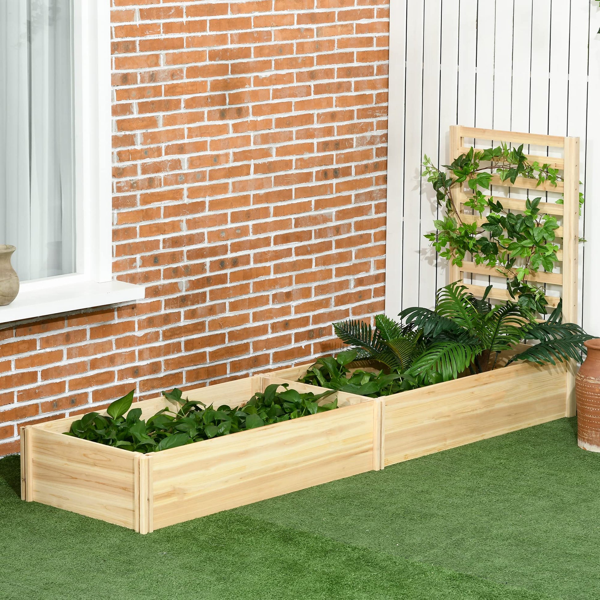 Outsunny Raised Garden Bed with Trellis and 2 Compartments, 43 Inch Wooden Planter Box Kit for Outdoor Plants, Vegetables, Flowers, Herbs Climbing, Easy Assembly, Natural Tone - WoodArtSupply