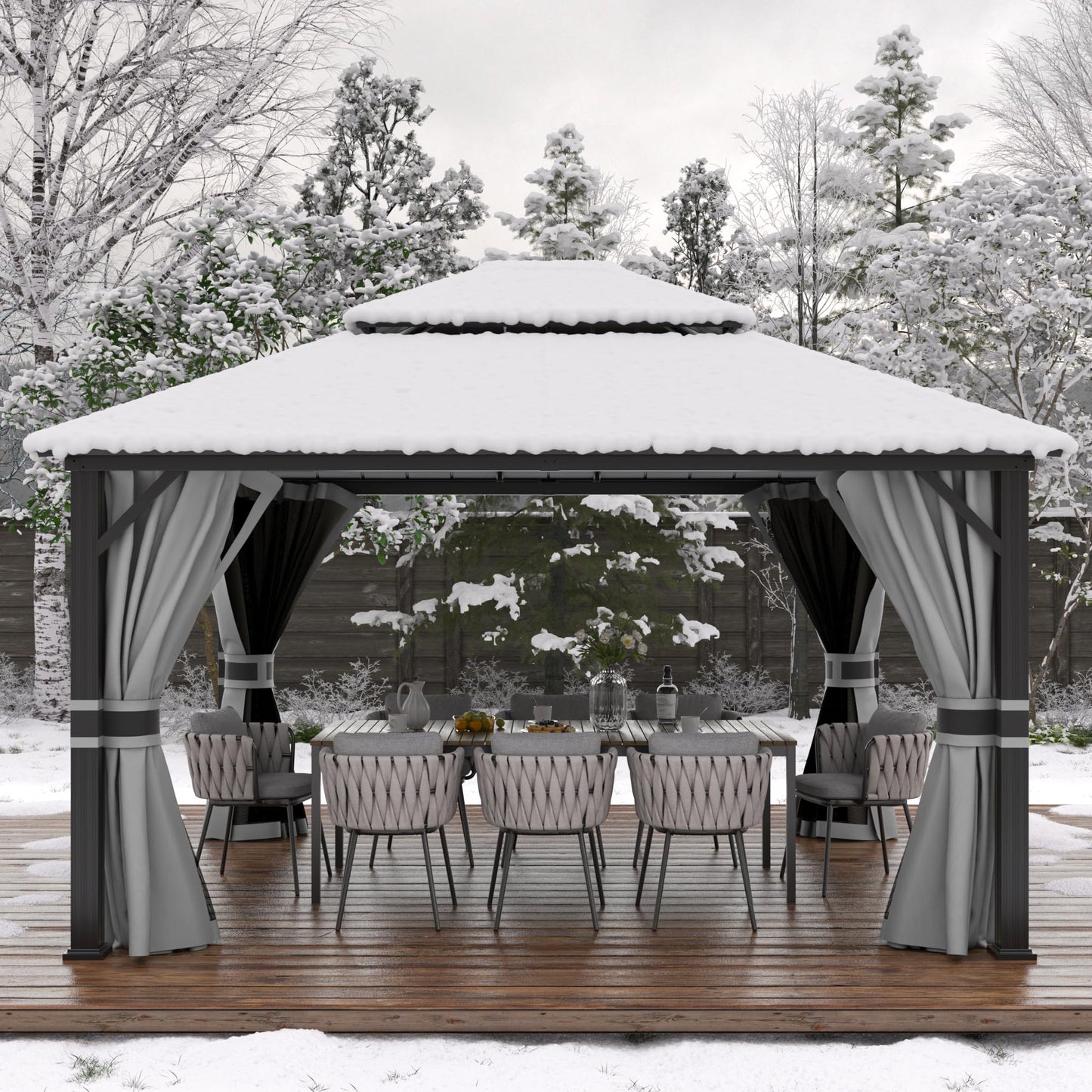 Amopatio 12' X 14' Hardtop Gazebo Permanent Aluminum Gazebos with Galvanized Steel Double Roof for Patio Lawn and Garden,Included Curtains & Mosquito Netting,Grey