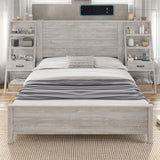 AMERLIFE King Bed Frame with Wide Headboard and 4-Tier Bookshelves, Farmhouse Platform Bed with Charging Station & 2 Drawers, Noise-Free, No Box Spring Needed, Rustic White AMERLIFE