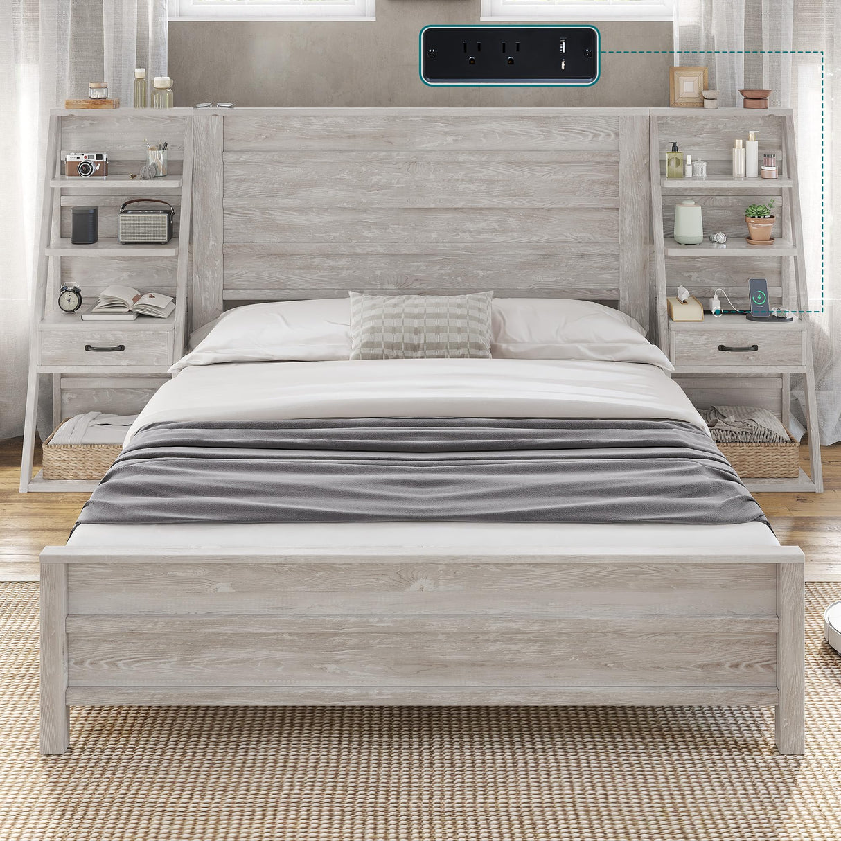AMERLIFE Full Bed Frame with Wide Headboard and 4-Tier Bookshelves, Farmhouse Platform Bed with Charging Station & 2 Drawers, Noise-Free, No Box Spring Needed, Rustic White AMERLIFE