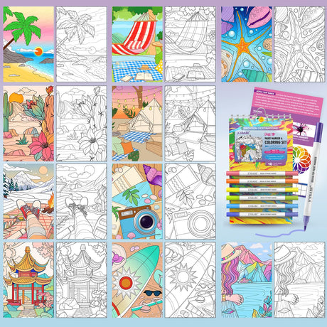 Joibabe Coloring Book Travel Set: 10 Sheets Coloring Paper & 6 Piece Dual-Tip 12 Color Acrylic Marker ，Spiral Binding，for Adults,Stress Relief Gifts,Enhance Aesthetic Appreciation，DIY Creative joibabe