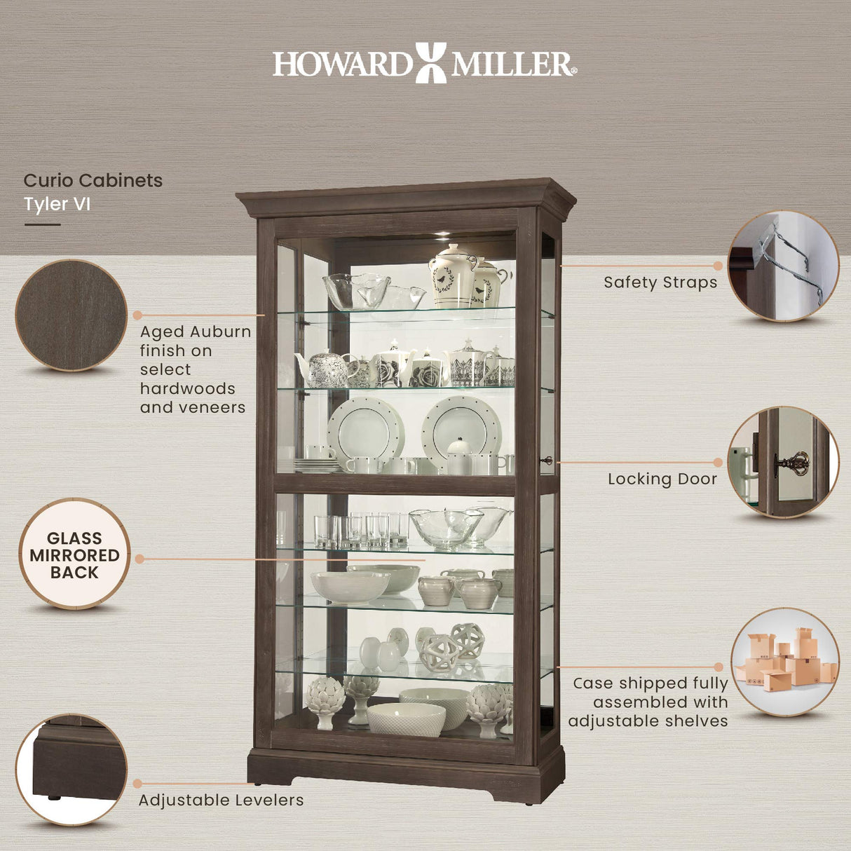 Howard Miller Tyler VI Curio - Floor Mount Showcase Auburn Finish Lockable Shelves & Levelers, Adjustable Vertical Plate Display Perfect for Living Room Office and Room Decor Howard Miller