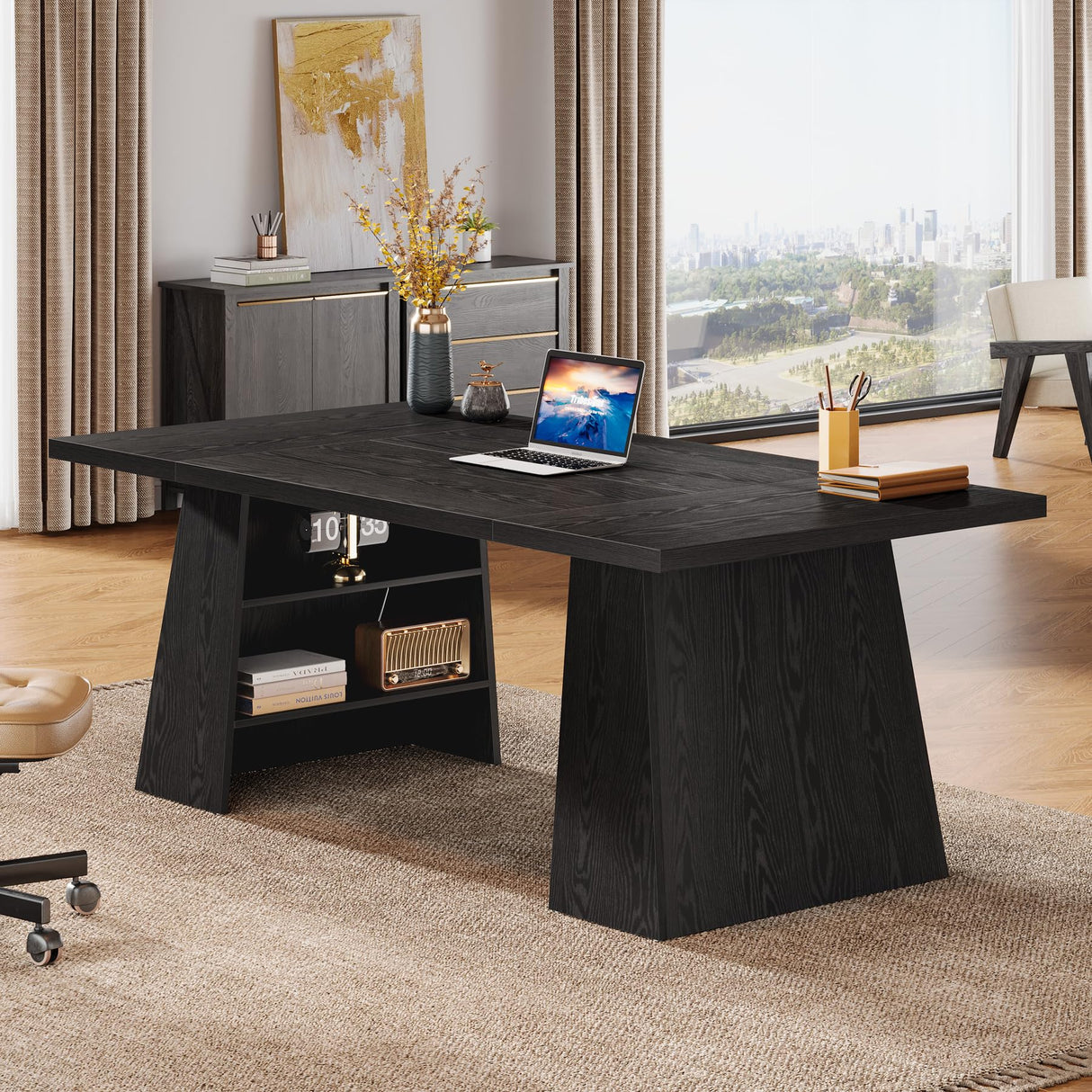 Tribesigns 63-Inch Executive Desk, Modern Large Office Computer Desk with Double Pedestal and Storage Shelves, Simple Writing Conference Table Workstations Business Furniture for Home Office, Black Tribesigns