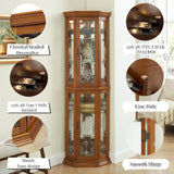 Lighted Corner Display Curio Cabinet Wooden Shelving Unit with Tempered Glass Door, Bar and Liquor Storage Area with 5 Shelves, Wine Cabinet, Oak CQSXDA