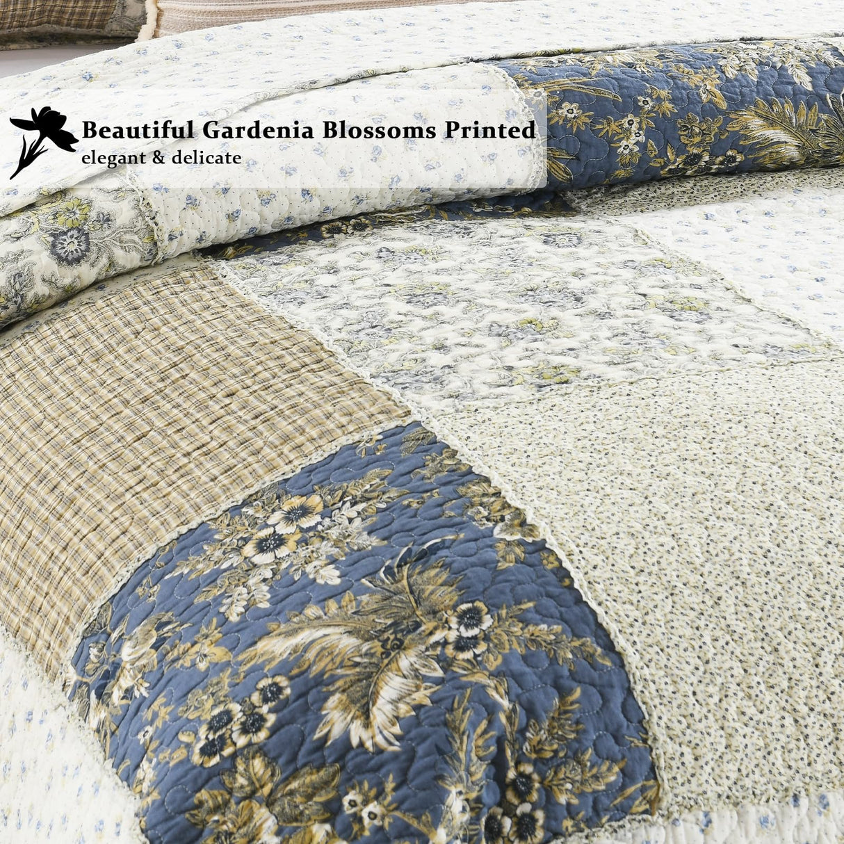 Yvooxny Quilt Set Queen Size Reversible Country Farmhouse Floral Real Patchwork Quilted Bedspread 3-Piece Quilt Set with Pillowcases with Ruffles for All Seasons, 90 x 98 Inches Yvooxny