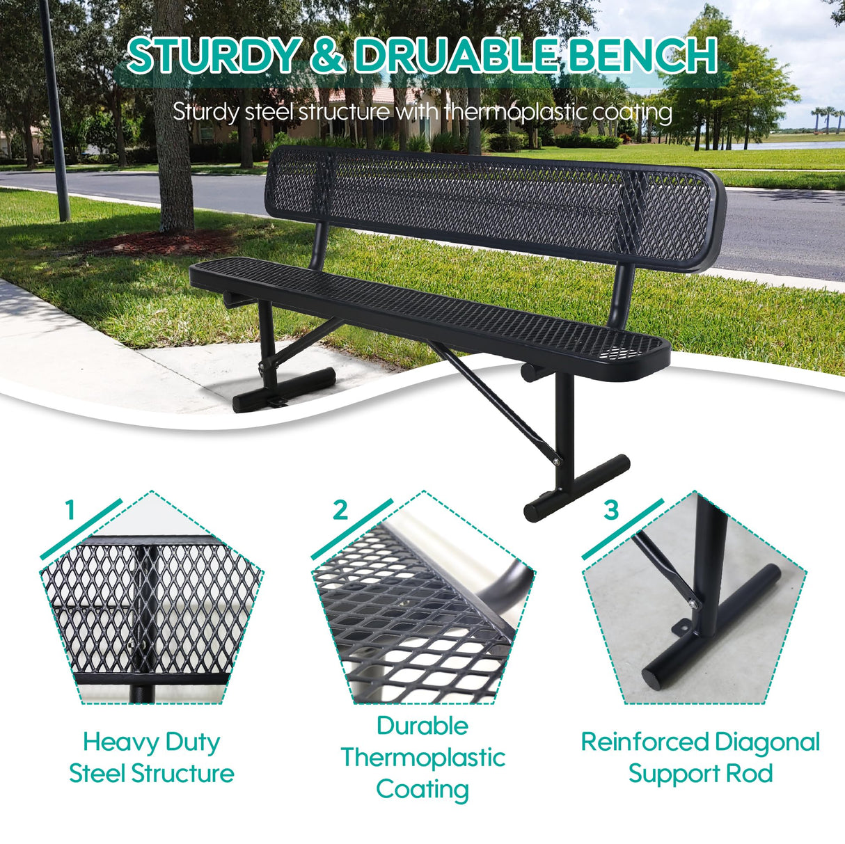 Sunnibety 6 Feet Heavy Duty Metal Park Bench for Outside, Outdoor Bench with Backrest & Portable Frame, Commercial Benches for Shopping Malls, Stores, Parks, Patios, Decks, Black Sunnibety