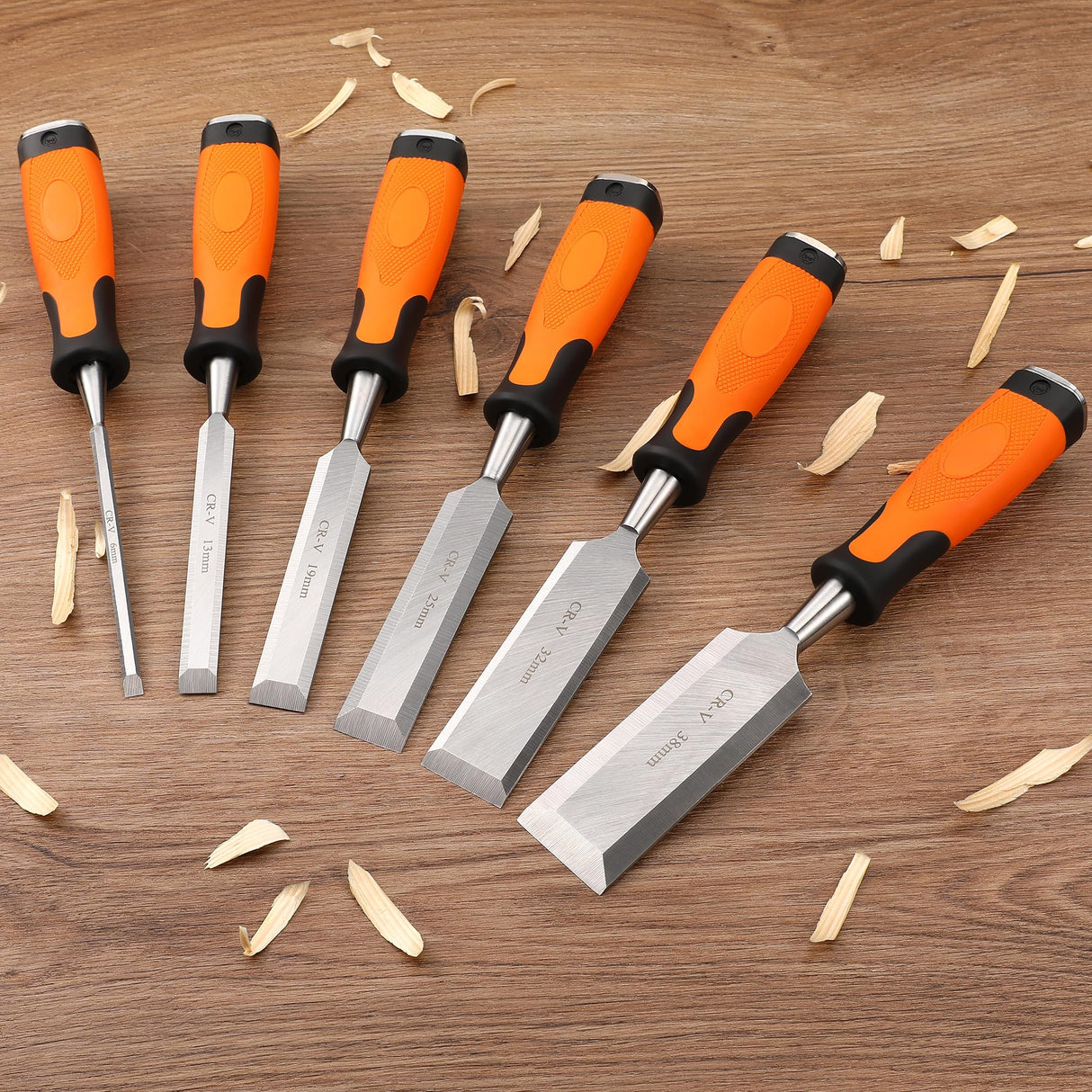 KINGBRO 6 Pcs Wood Chisel Sets, Wood Chisels for Carbon Steel Woodworking with Steel Hammer End, Durable PP+TPR High Impact Handle Wood Chisel, 6/12/19/25/32/38mm KINGBRO