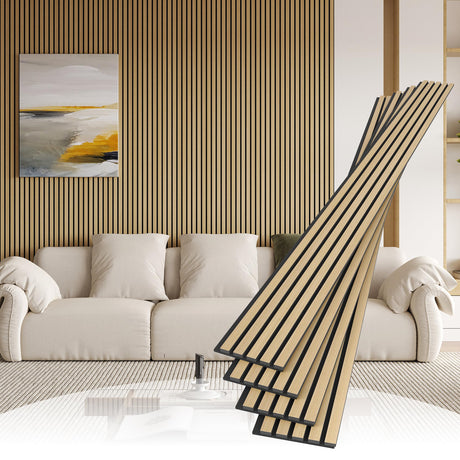 POHARE 4 Pack Wood Slat Wall Wood Paneling,95 x 8 in Soundpoof Wooden Engineered Wood Slat Wall Panels,Stylish Acoustic Wall Panels for Interior Wall Decor with Felt Backing,Oak POHARE
