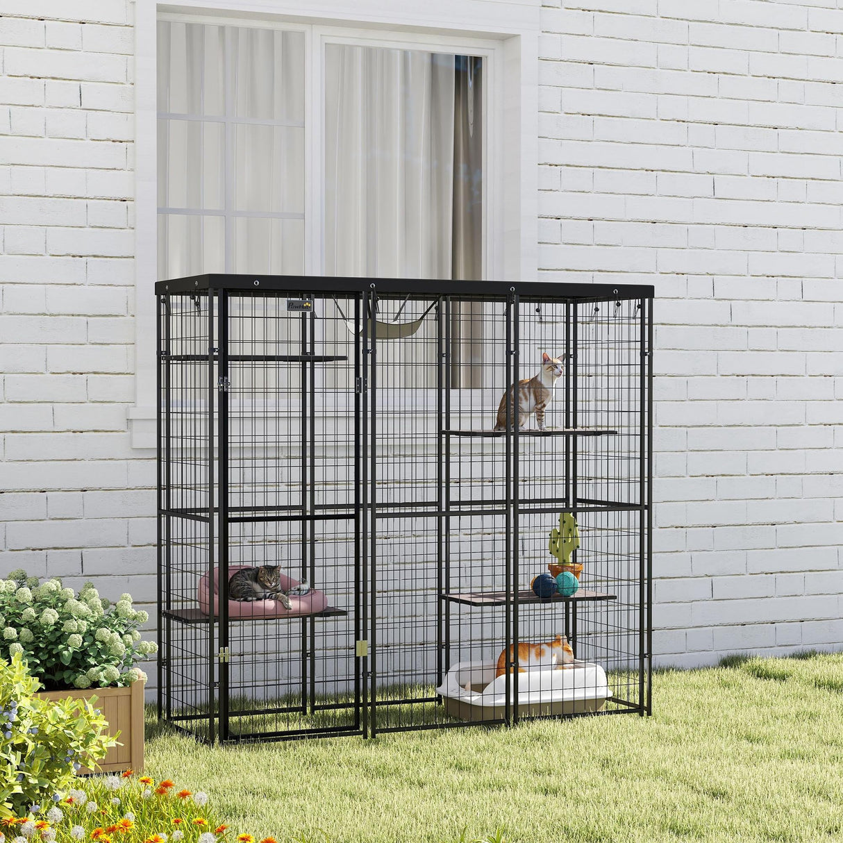 PawHut Weld Wire Catio Outdoor Indoor, Cat Enclosure with Waterproof Cover, 4 Jumping Platforms, Hammock, Cat Shelter for 1-3 Kittens, 69" x 22" x 62", Black PawHut