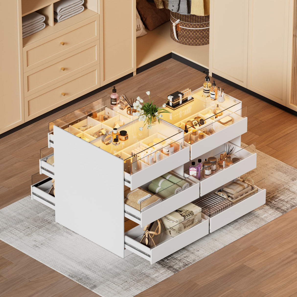 PAKASEPT Armoire Bedroom Island, Wardrobe Closet Island Dresser with Glass Showcase, Charging & 3 Color LED Light, Island Dresser with Bench, Walk in Wardrobe Furniture PAKASEPT