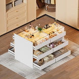 PAKASEPT Armoire Bedroom Island, Wardrobe Closet Island Dresser with Glass Showcase, Charging & 3 Color LED Light, Island Dresser with Bench, Walk in Wardrobe Furniture PAKASEPT