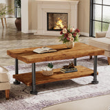 TRIBEWOOD Farmhouse Coffee Table, Wood Coffee Table with Storage, 2-Tier Live Edge Shelf, Metal Legs, 47" Rectangle Center Table for Living Room, Lounge, Brown and Black TRIBEWOOD