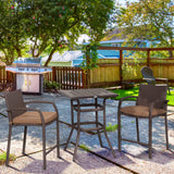 Outsunny 3 PCS Rattan Wicker Bar Set with Wood Grain Top Table and 2 Bar Stools for Outdoor, Patio, Poolside, Garden, Brown Outsunny