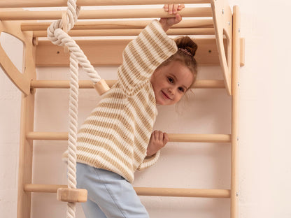 Woodandhearts Swedish Ladder Gym, Swedish Ladder Wall, Indoor Playground and Monkey Bars with Climbing Rope with Wooden Spheres in Natural Wood Color