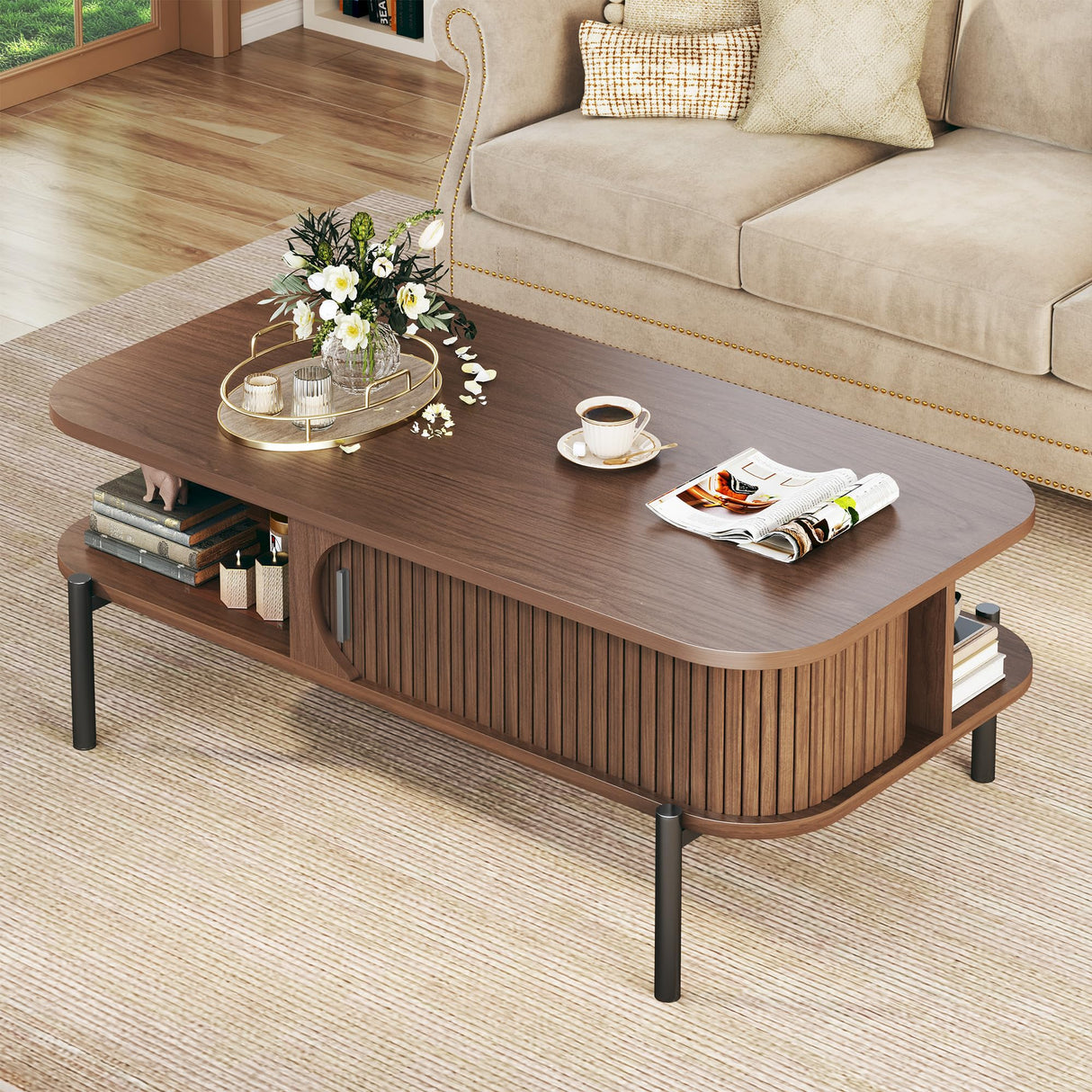Coffee Table, 39.4" Mid Century Modern Coffee Tables for Living Room, Coffee Table with Storage Open Shelf, Fluted Table with Sliding Cabinet Door, 2-Tier Rustic Wood Desktop, Walnut HUAHUU