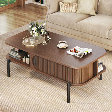 Coffee Table, 39.4" Mid Century Modern Coffee Tables for Living Room, Coffee Table with Storage Open Shelf, Fluted Table with Sliding Cabinet Door, 2-Tier Rustic Wood Desktop, Walnut HUAHUU