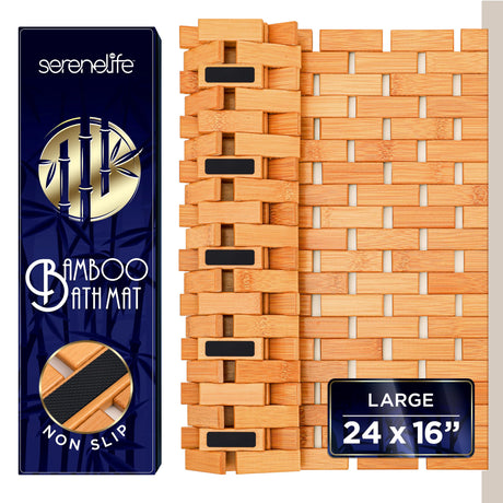 SereneLife Bamboo Bath and Shower Mat, Non-Slip Floor Mat with Extra Grips, Slatted Design, Natural Finish for Bathroom, Spa, Sauna - Rollable and Easy to Clean SereneLife