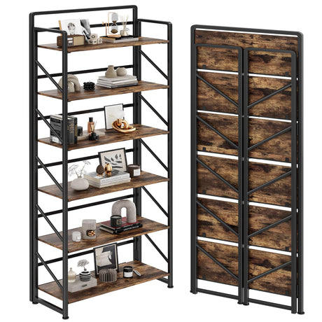 JSB No Assembly Folding Bookshelf, 6 Tier Industrial Metal Book Shelf for Storage, Vintage Wood Foldable Bookcase for Living Room, Bedroom, Office Organization Shelves JSB