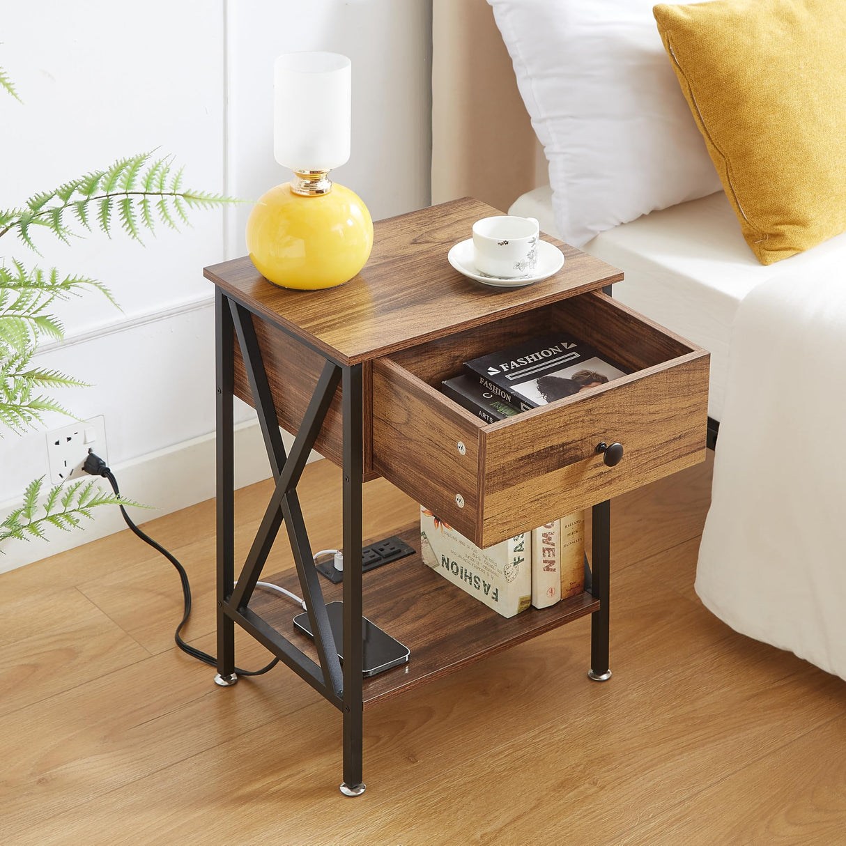 VECELO Nightstand, Bedside End Tables with Charging Station, USB Ports, Drawer Shelf, Night Stand for Bedroom Living Room 2-Pack, Brown VECELO