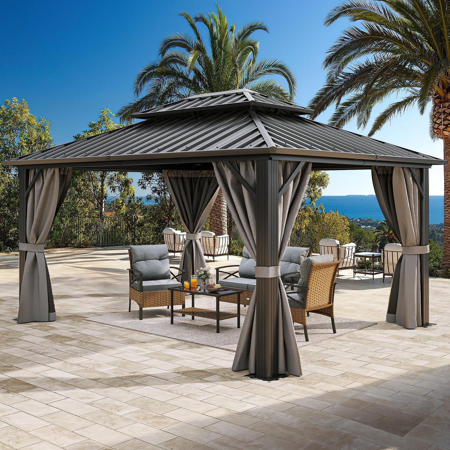 YITAHOME 10x12ft Hardtop Gazebo with Nettings and Curtains, Heavy Duty Double Roof Galvanized Steel Outdoor Combined of Vertical Stripes Roof for Patio, Backyard, Deck, Lawns, Gray - WoodArtSupply