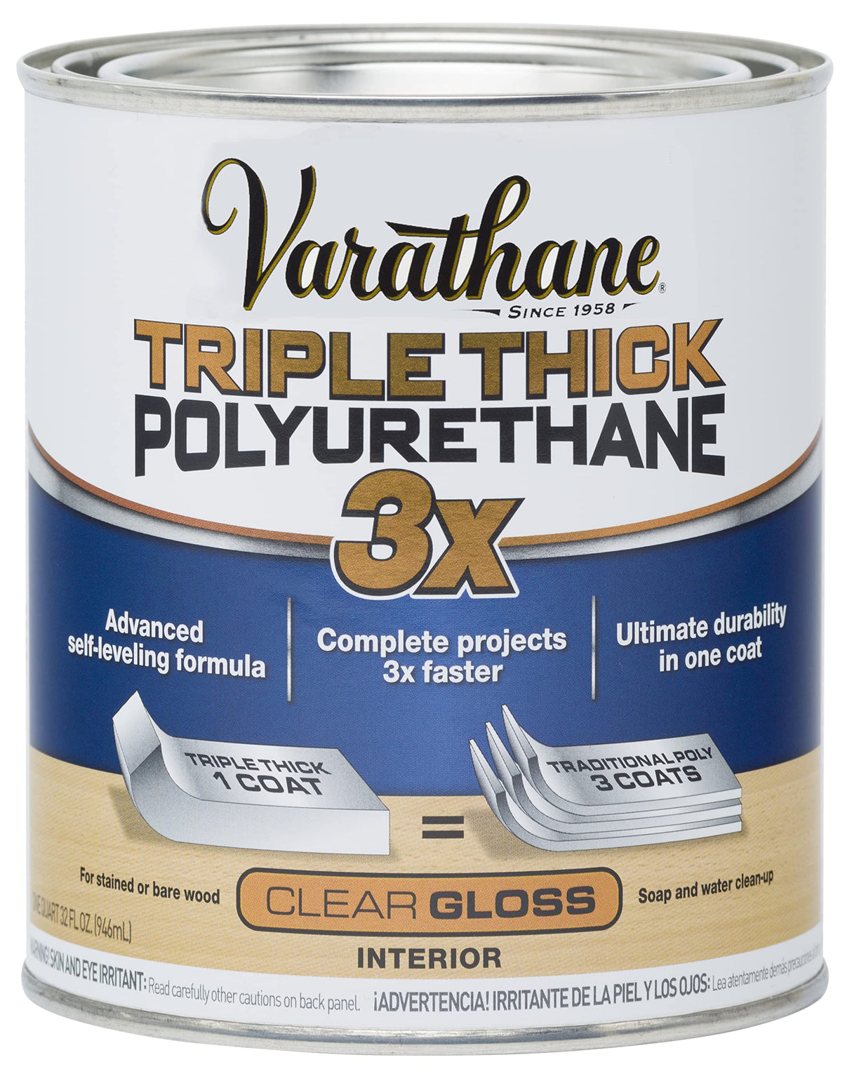 Varathane 284470 Triple Thick Polyurethane Wood Finish, Gloss, Quart Varathane