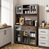 Fatmok Kitchen Pantry Cabinet, 71" Tall Liquor Cabinet with Glass Doors, Adjustable Shelves, Drawer, Coffee Bar Wine Cabinet with LED Lights, Power Outlet & Wine Rack, Buffet Cabinet with Storage Fatmok