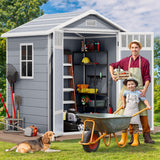 DWVO Outdoor Storage Shed, All-Weather Resin Plastic Storage Shed with Windows, Slanted Roof, Raised Floor, Capacity for Garden Tools & Equipment, Ideal for Backyard & Garden DWVO