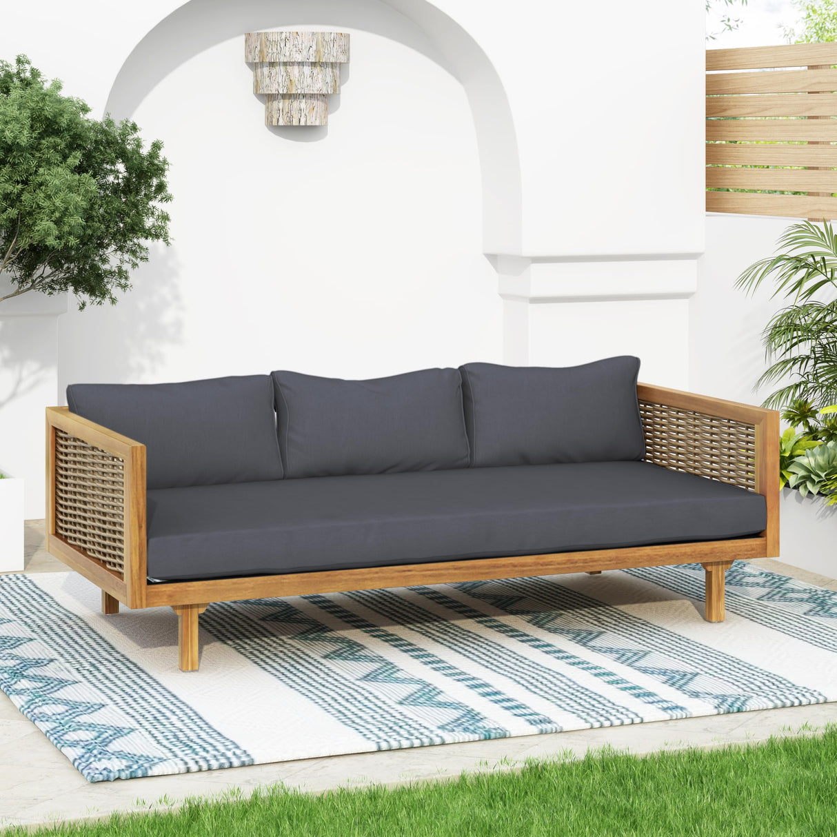 Merax 67.5" Outdoor Patio Daybed 3 Seater Sofa Bed,Acacia Wood Frame with Rattan Arm,Cushion & Pillow for Garden Merax