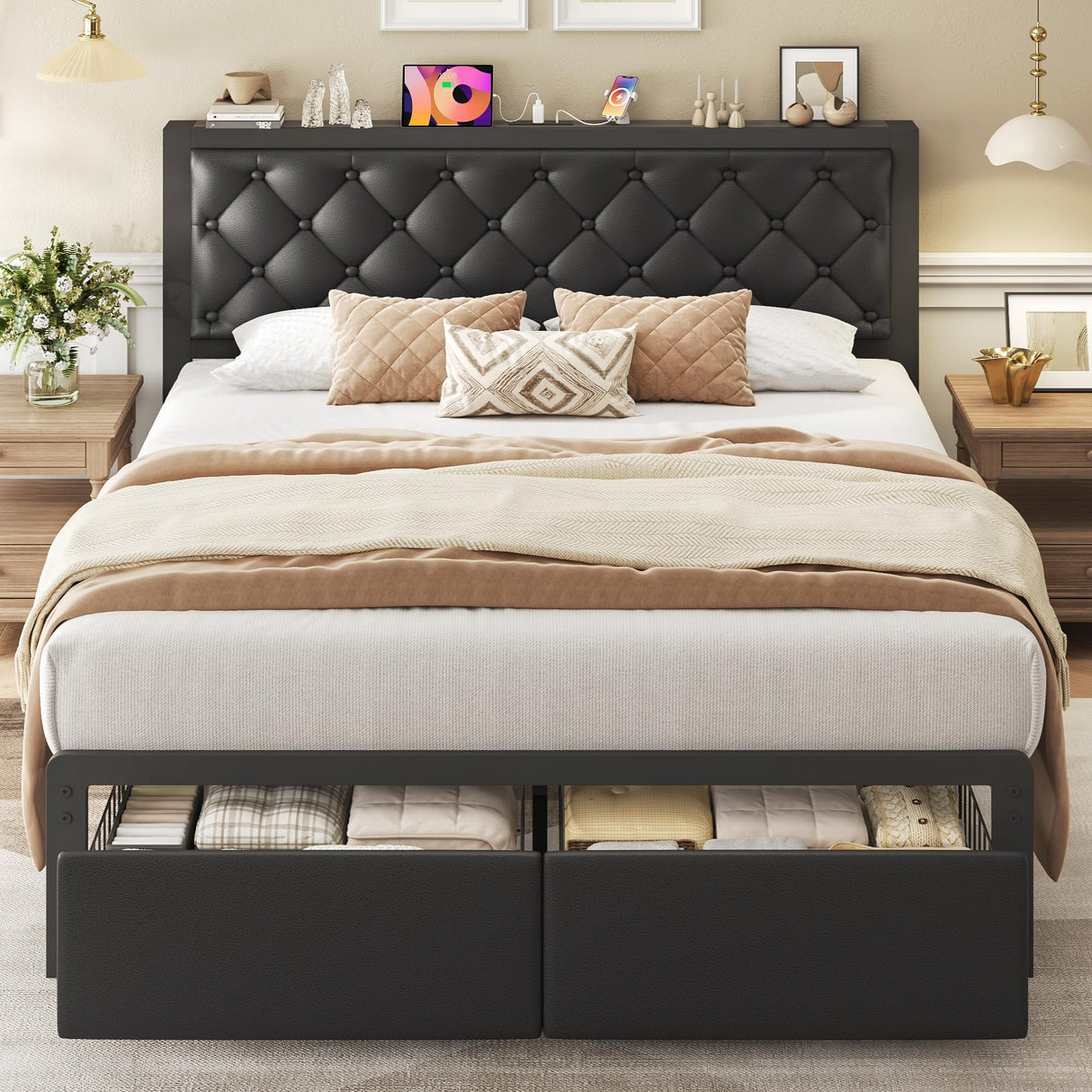 Fluest Queen Bed Frame with 2 Storage Drawers, Upholstered Headboard Button Tufted Bed Frame with Charging Station, No Box Spring Needed, Noise-Free, All Metal Structure, Black Fluest