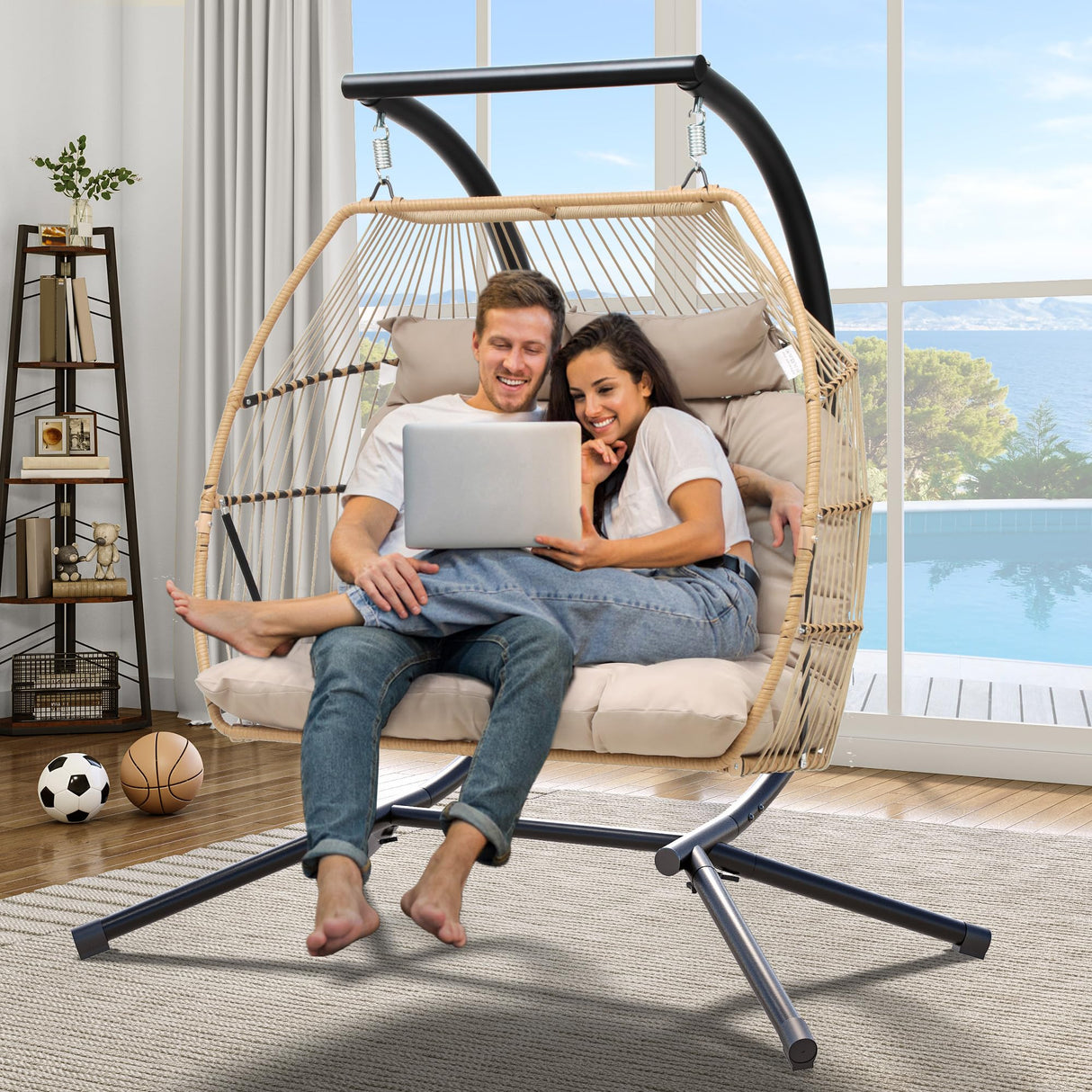 YITAHOME 2 Person Hanging Egg Swing Chair with Stand Egg Chair Wicker Indoor Outdoor Hammock with Cushions 550lbs for Patio, Bedroom, Garden and Balcony, Khaki(Stand Included) YITAHOME