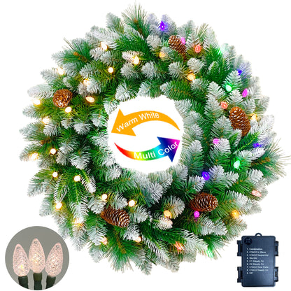 Assilyraft 26 inches Pre-lit Snow-Kissed Artificial Christmas Wreath with Pine Cones, 40 C3 Dual-Color Multi-Functional Battery Operated LED Lights with Timer