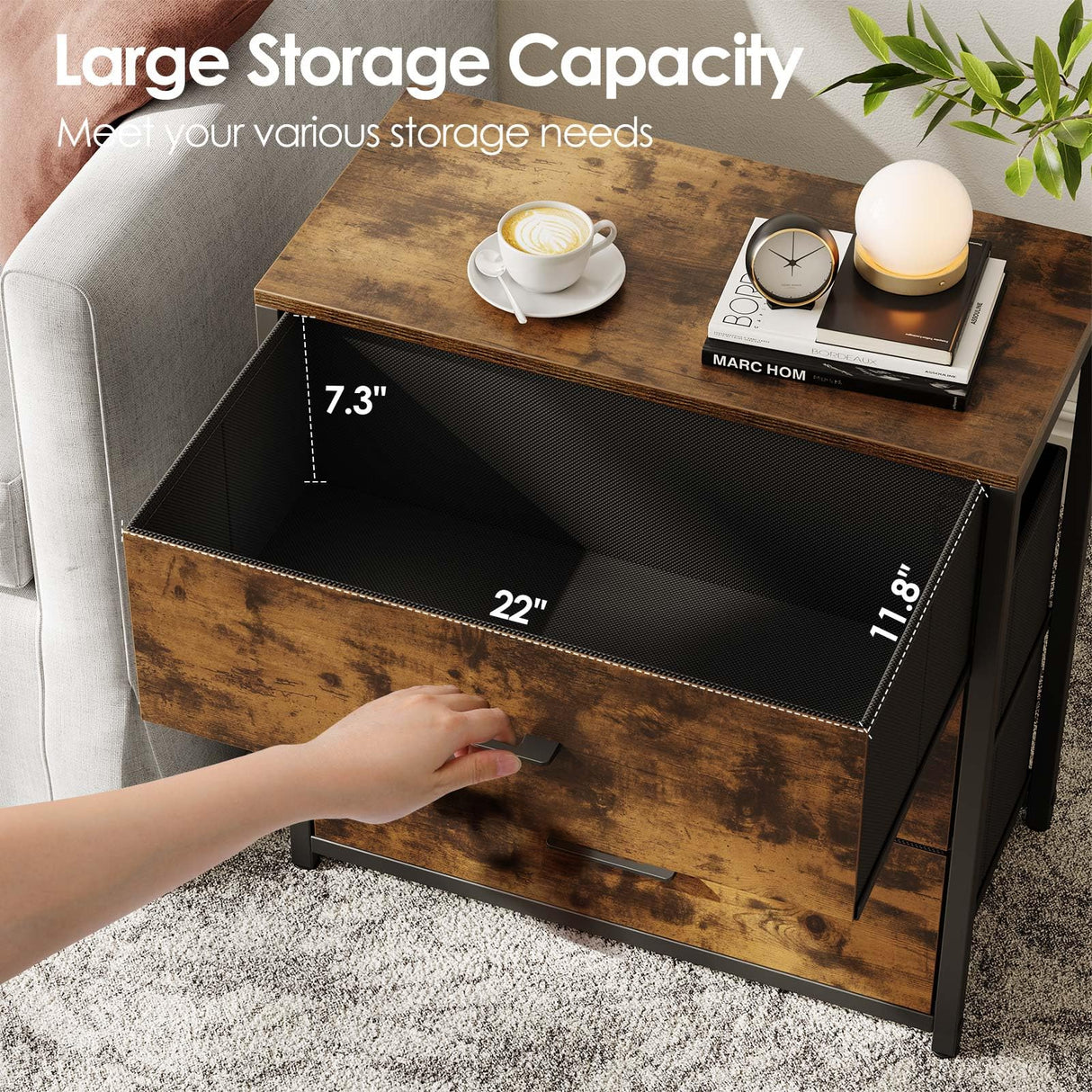 Memobarco Nightstand, End Table, Bedside Table, Small Tall Dresser for Bedroom with 3 Storage Drawer, Chest of Drawers Fabric Dressers with Steel Frame, Wooden Top & Front for Living Room Memobarco
