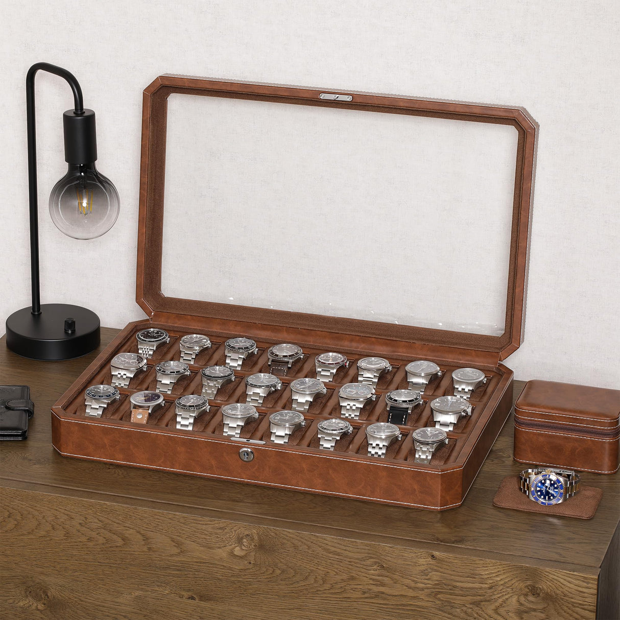 ROTHWELL 24 Slot Watch Case with Lock – Luxury Watch Box to Display and Organize Your Collection | Real Glass Top | Premium Storage for Collectors (Tan/Brown) ROTHWELL