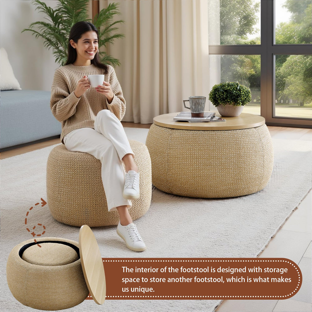 Chorlenimi Ottoman with Storage Round Footstool Stool Small Ottoman with Storage Foldable Ottomans Foot Rest Footstool Bench Wooden Lid for Living Room(Natural, 25'') Chorlenimi