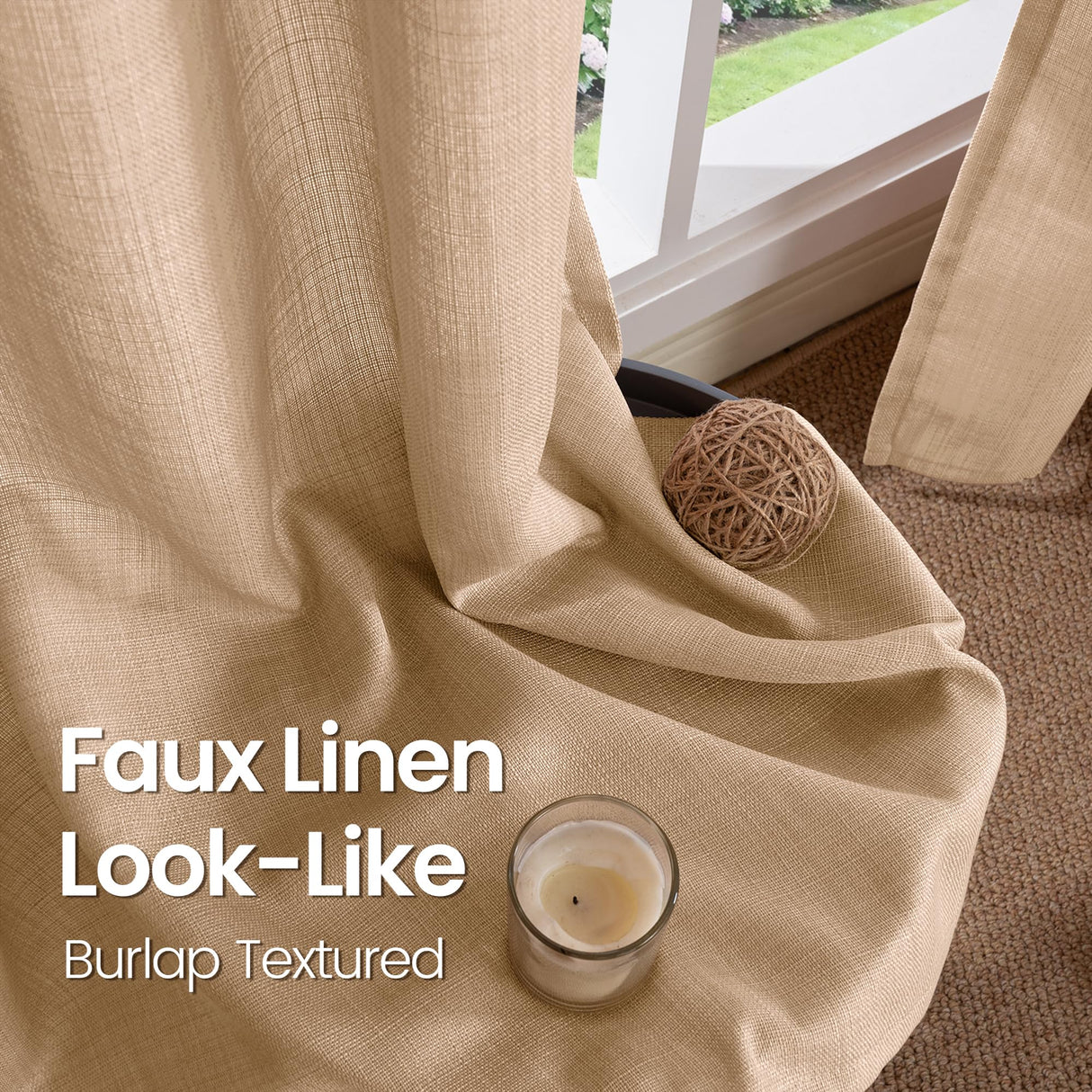 BGment Tan Curtains 84 Inch for Living Room - Light Filtering Faux Linen Look with Burlap Texture, Rustic Farmhouse Window Panels (Set of 2, 52" Wide) BGment