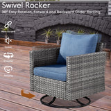 HOOOWOOO Patio Outdoor Conversation Set with Fire Pit Table,9 Piece Modern Outside Furniture with Swivel Rocking Chairs,PE Wicker Out Door Furniture Sofa and Ottoman Set(Denim Blue) HOOOWOOO