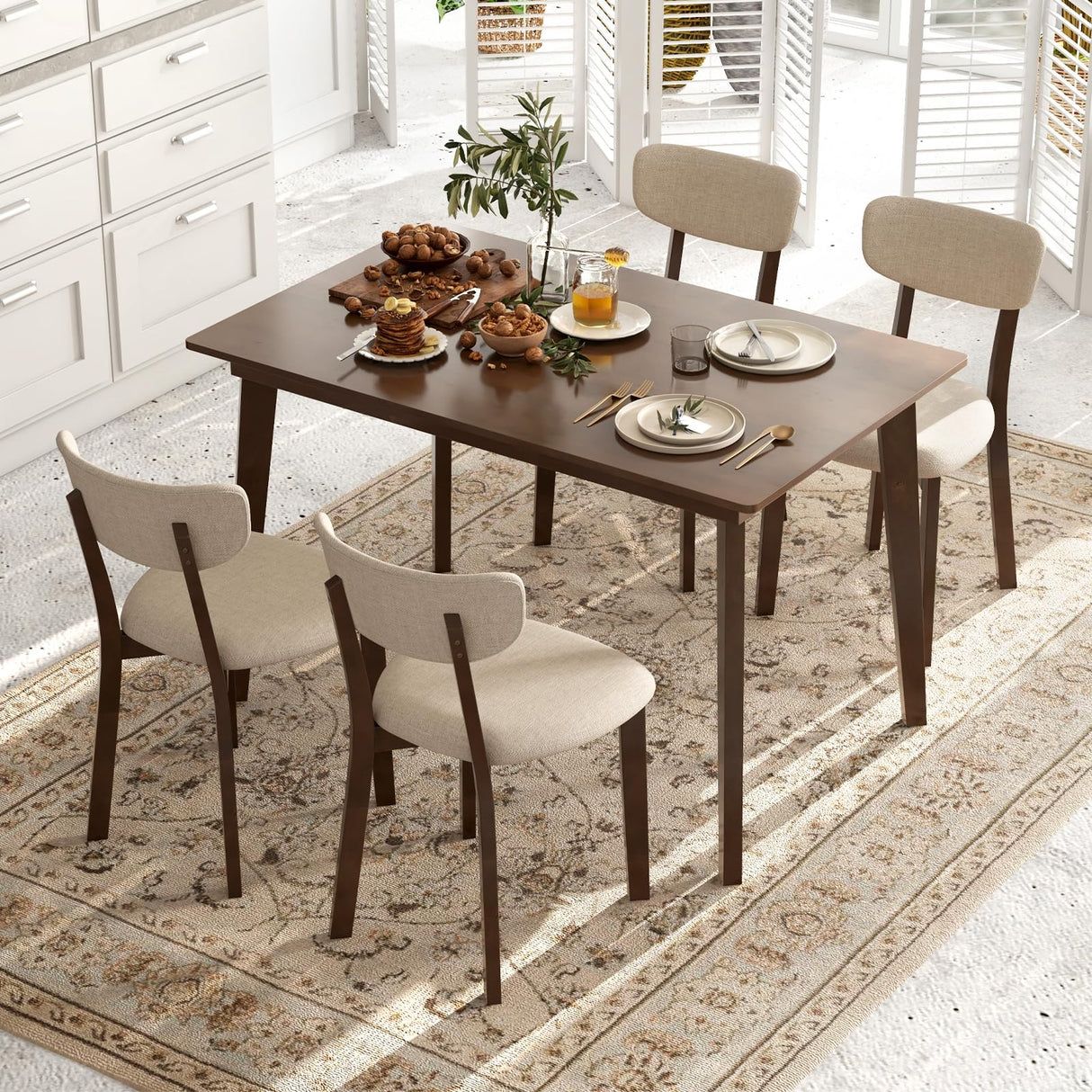 GOFLAME 5-Piece Dining Table Set for 4, Farmhouse Kitchen Table & 4 Upholstered Chairs with Rubber Wood Frame, Padded Seat, Curved Backrest, Space-Saving Dinette Set for Dining Room, Small Space GOFLAME